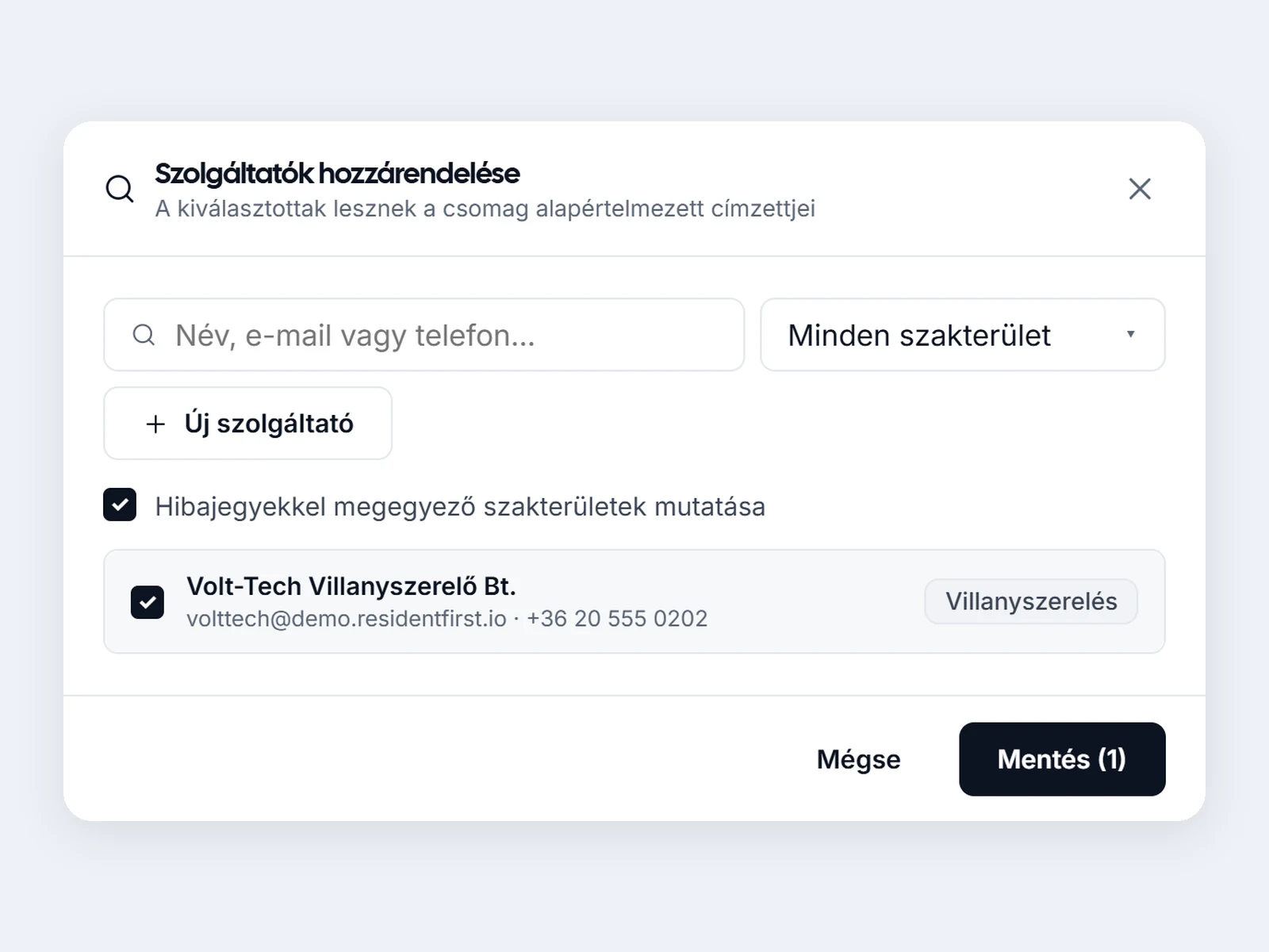 A szolgáltató-választó a jegyek szakterületére szűr