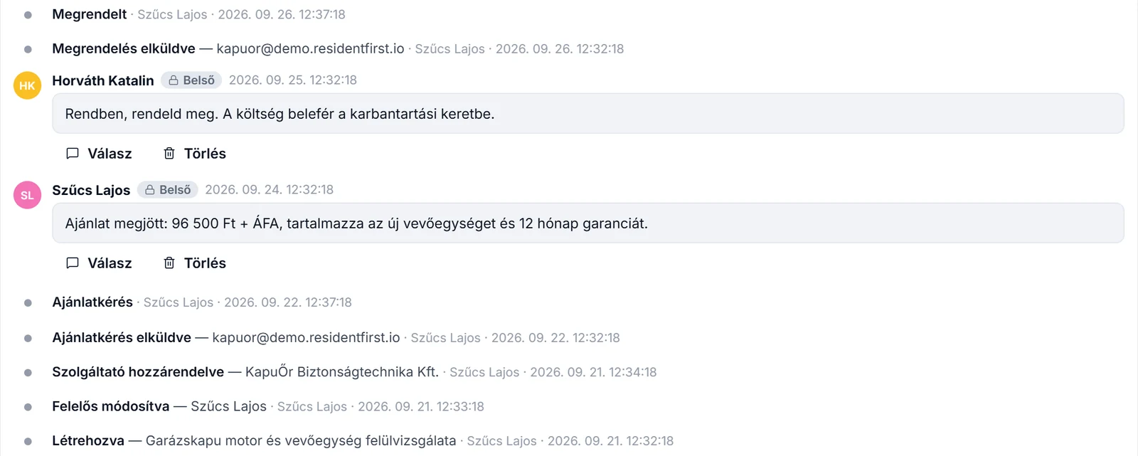 Egy munkacsomag teljes története: létrehozás, ajánlatkérés, ajánlat, jóváhagyás, megrendelés