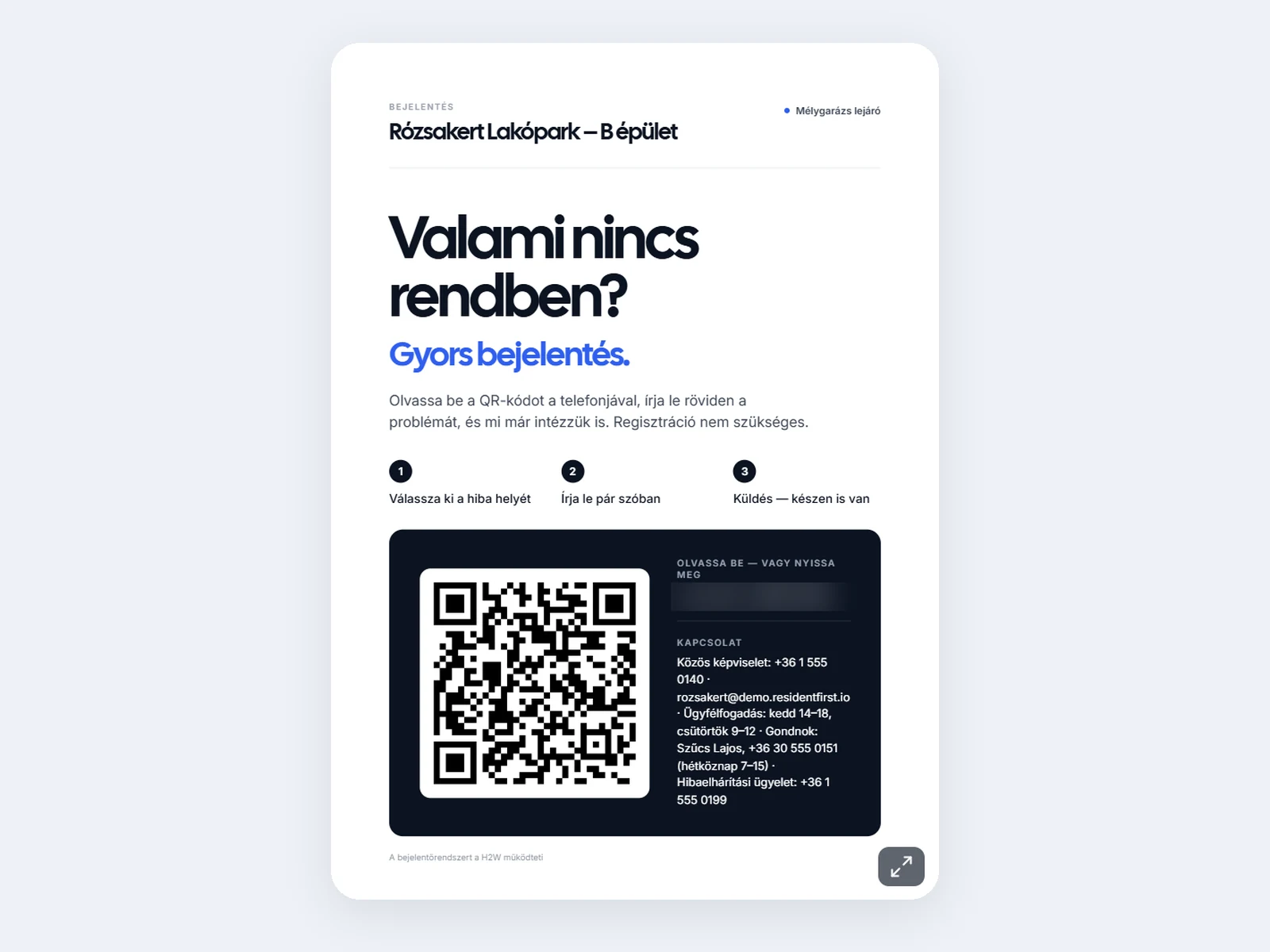 A mélygarázs lejárójánál kihelyezett QR-plakát