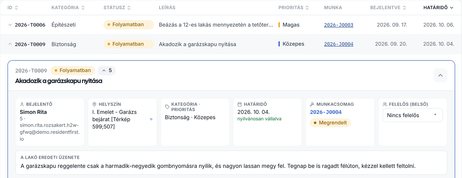 Az ügyintéző nézete: egy jegy, az érintett lakások számával